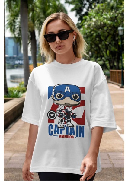 Captain America Ön Baskılı Beyaz Oversize T-Shirt Bisiklet Yaka Erkek Kadın indirimleri