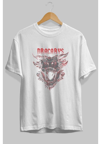 Game Of Thrones Dracarys Ön Baskılı Beyaz Oversize T-Shirt Bisiklet Yaka Erkek Kadın