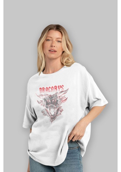 Game Of Thrones Dracarys Ön Baskılı Beyaz Oversize T-Shirt Bisiklet Yaka Erkek Kadın