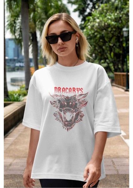 Game Of Thrones Dracarys Ön Baskılı Beyaz Oversize T-Shirt Bisiklet Yaka Erkek Kadın