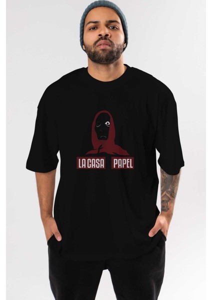 La Casa De Papel (1) Ön Baskılı Siyah Oversize T-Shirt Bisiklet Yaka Erkek Kadın