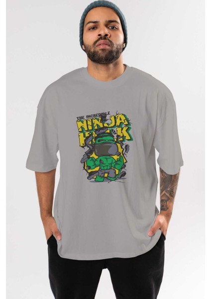 Hulk (5) Ön Baskılı Gri Oversize T-Shirt Bisiklet Yaka Pamuk Erkek Kadın