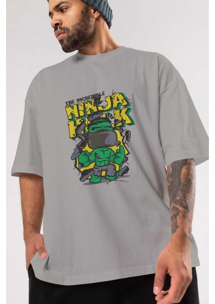 Hulk (5) Ön Baskılı Gri Oversize T-Shirt Bisiklet Yaka Pamuk Erkek Kadın modelleri