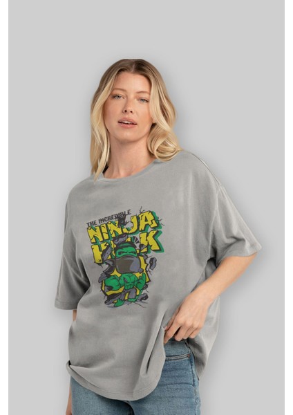 Hulk (5) Ön Baskılı Gri Oversize T-Shirt Bisiklet Yaka Pamuk Erkek Kadın fırsatları