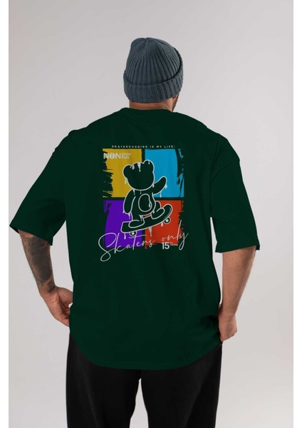 Skaters Only Bear Arka Baskılı Zümrüt Yeşili Oversize T-Shirt Erkek Kadın Bisiklet Yaka