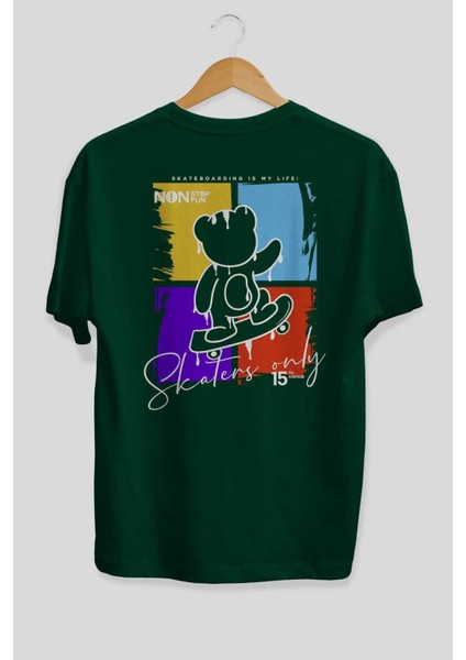 Skaters Only Bear Arka Baskılı Zümrüt Yeşili Oversize T-Shirt Erkek Kadın Bisiklet Yaka fiyatları