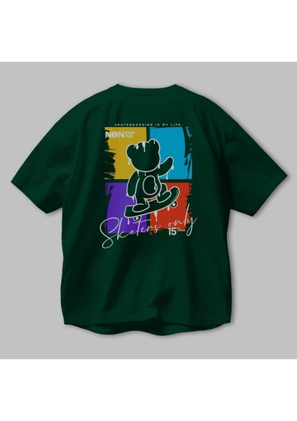 Skaters Only Bear Arka Baskılı Zümrüt Yeşili Oversize T-Shirt Erkek Kadın Bisiklet Yaka modelleri