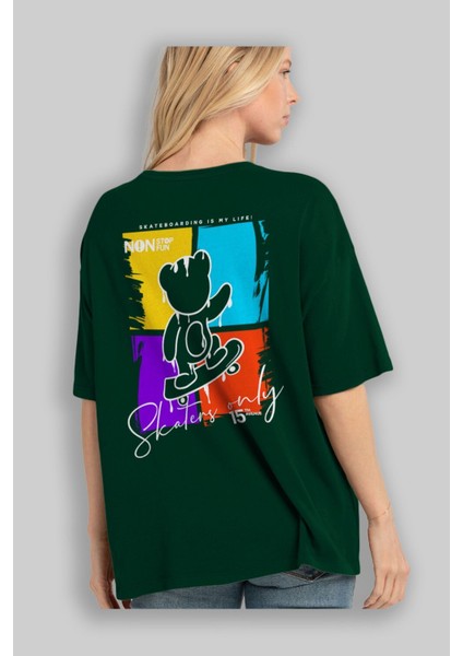 Skaters Only Bear Arka Baskılı Zümrüt Yeşili Oversize T-Shirt Erkek Kadın Bisiklet Yaka fırsatları