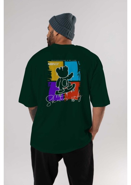 Skaters Only Bear Arka Baskılı Zümrüt Yeşili Oversize T-Shirt Erkek Kadın Bisiklet Yaka indirimleri