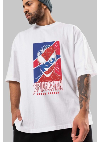 Spiderman (13) Ön Baskılı Beyaz Oversize T-Shirt Bisiklet Yaka Erkek Kadın modelleri