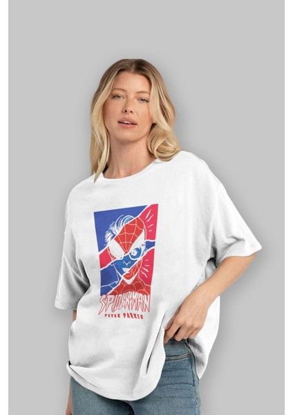Spiderman (13) Ön Baskılı Beyaz Oversize T-Shirt Bisiklet Yaka Erkek Kadın fırsatları