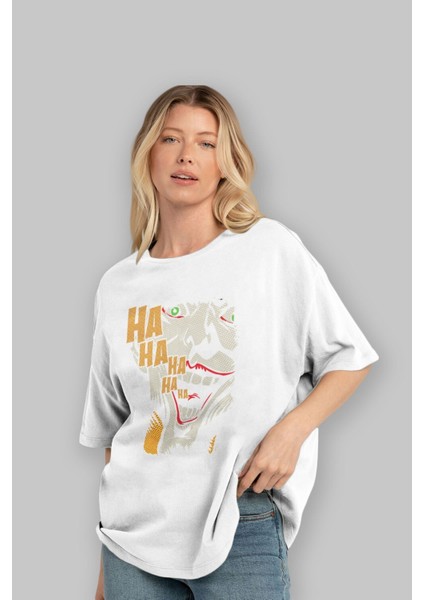 Joker (7) Ön Baskılı Beyaz Oversize T-Shirt Bisiklet Yaka Erkek Kadın fırsatları
