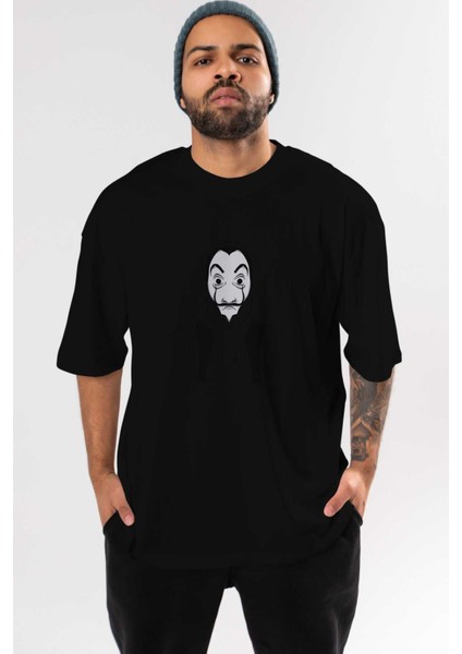 La Casa De Papel (7) Ön Baskılı Siyah Oversize T-Shirt Bisiklet Yaka Erkek Kadın