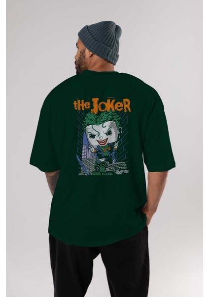 Joker (6) Arka Baskılı Zümrüt Yeşili Oversize T-Shirt Bisiklet Yaka Erkek Kadın indirimleri
