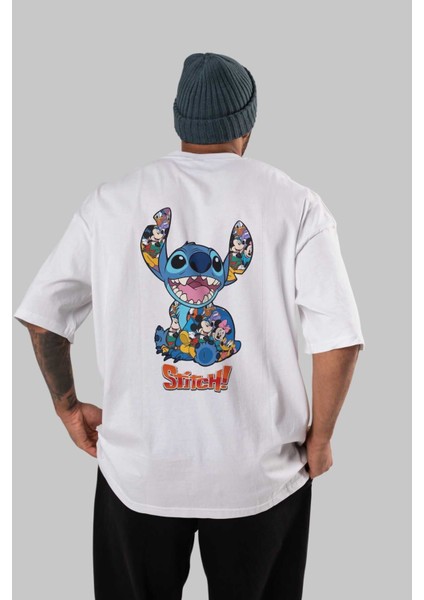 Stitch Arka Baskılı Beyaz Oversize T-Shirt Bisiklet Yaka Pamuk Erkek Kadın