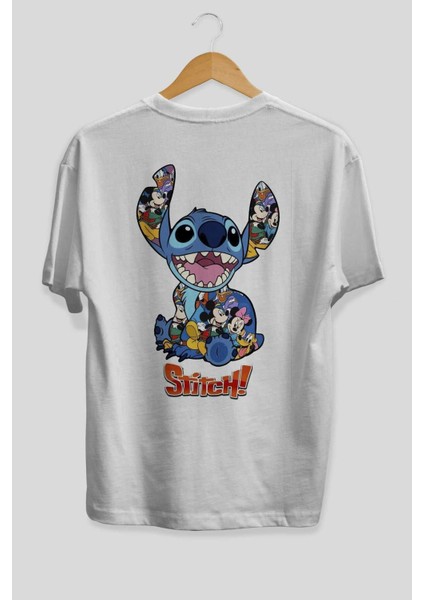 Stitch Arka Baskılı Beyaz Oversize T-Shirt Bisiklet Yaka Pamuk Erkek Kadın fiyatları