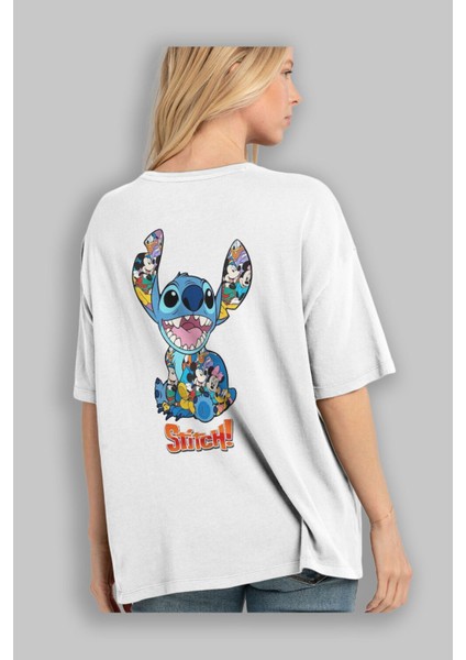 Stitch Arka Baskılı Beyaz Oversize T-Shirt Bisiklet Yaka Pamuk Erkek Kadın modelleri