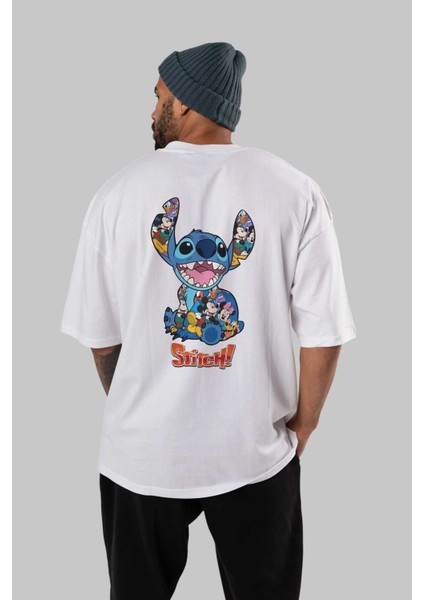 Stitch Arka Baskılı Beyaz Oversize T-Shirt Bisiklet Yaka Pamuk Erkek Kadın fırsatları