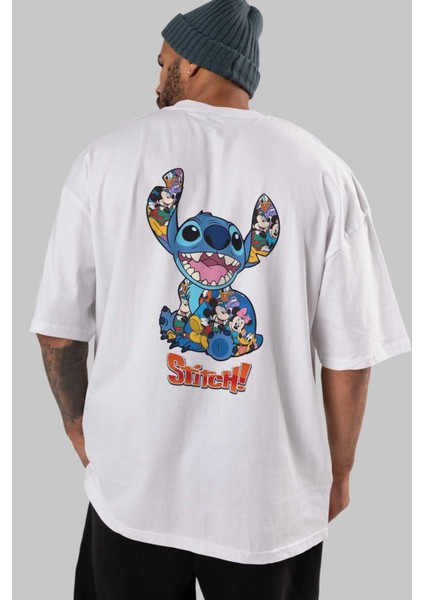 Stitch Arka Baskılı Beyaz Oversize T-Shirt Bisiklet Yaka Pamuk Erkek Kadın indirimleri