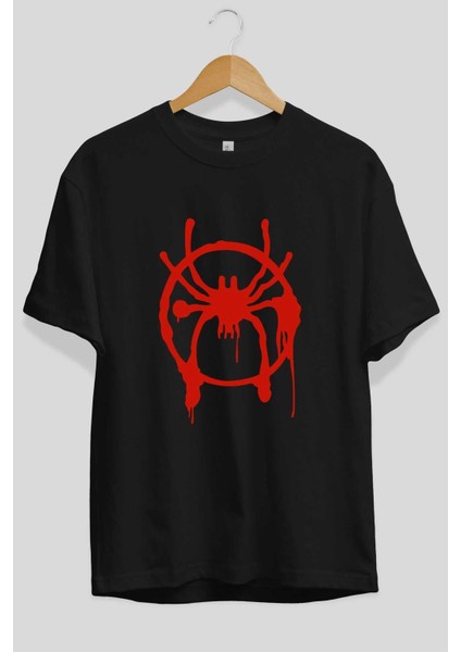 Spiderman (32) Ön Baskılı Siyah Oversize T-Shirt Bisiklet Yaka Erkek Kadın