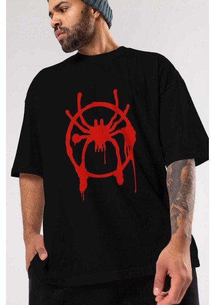 Spiderman (32) Ön Baskılı Siyah Oversize T-Shirt Bisiklet Yaka Erkek Kadın
