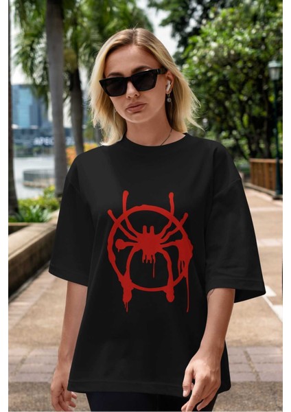 Spiderman (32) Ön Baskılı Siyah Oversize T-Shirt Bisiklet Yaka Erkek Kadın