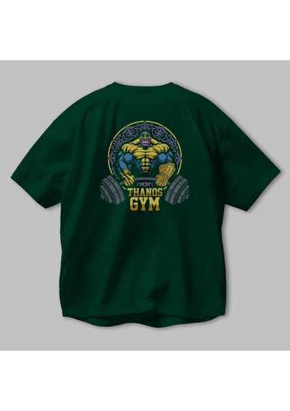 Thanos Gym Arka Baskılı Zümrüt Yeşili Oversize T-Shirt Bisiklet Yaka Erkek Kadın modelleri