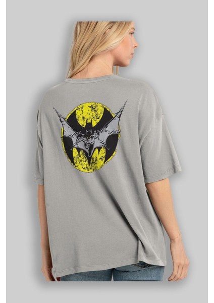 Batman 5 Arka Baskılı Gri Oversize T-Shirt Bisiklet Yaka Pamuk Erkek Kadın modelleri