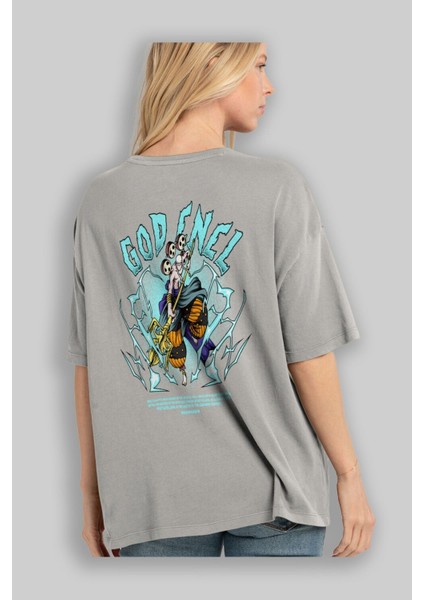 Eneru Anime Arka Baskılı Gri Oversize T-Shirt %100 Pamuk Erkek Kadın modelleri