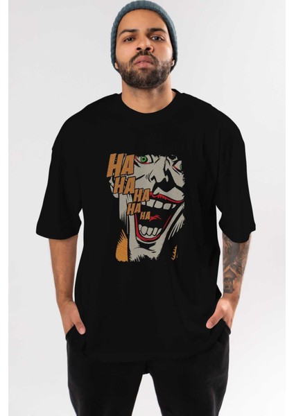 Joker (7) Ön Baskılı Siyah Oversize T-Shirt Bisiklet Yaka Erkek Kadın