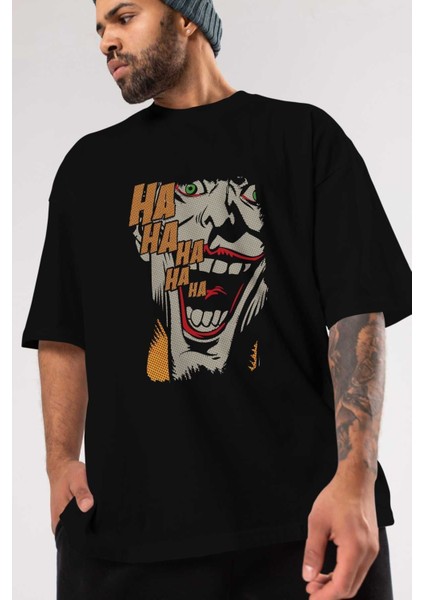 Joker (7) Ön Baskılı Siyah Oversize T-Shirt Bisiklet Yaka Erkek Kadın modelleri