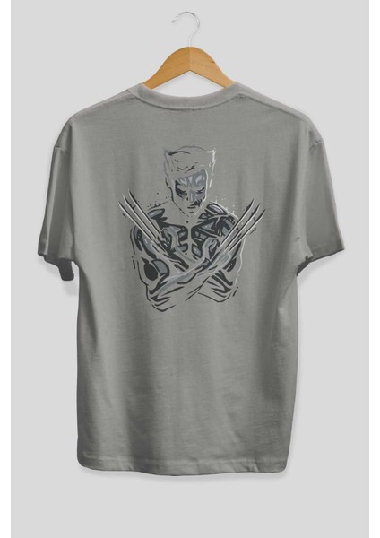Wolverine Arka Baskılı Gri Oversize T-Shirt Bisiklet Yaka Pamuk Erkek Kadın fiyatları
