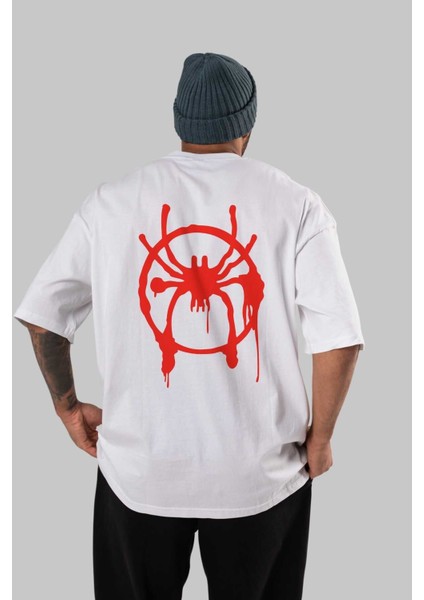 Spiderman (32) Arka Baskılı Beyaz Oversize T-Shirt Bisiklet Yaka Pamuk Erkek Kadın