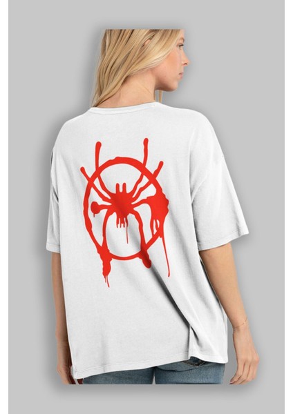 Spiderman (32) Arka Baskılı Beyaz Oversize T-Shirt Bisiklet Yaka Pamuk Erkek Kadın modelleri