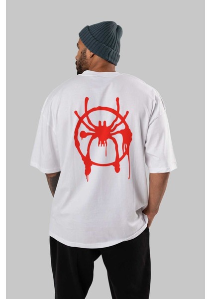 Spiderman (32) Arka Baskılı Beyaz Oversize T-Shirt Bisiklet Yaka Pamuk Erkek Kadın fırsatları