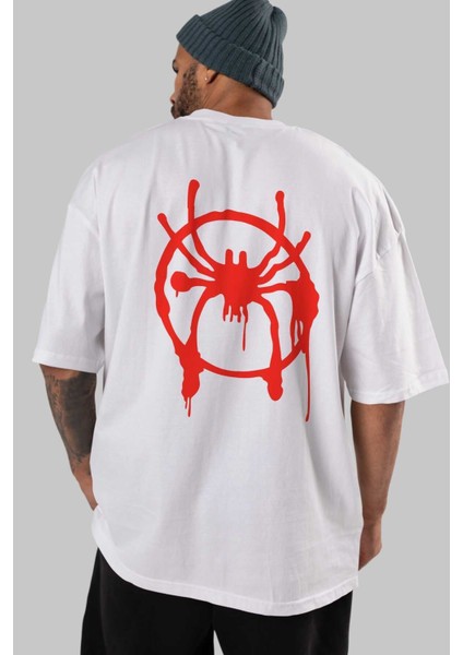 Spiderman (32) Arka Baskılı Beyaz Oversize T-Shirt Bisiklet Yaka Pamuk Erkek Kadın indirimleri
