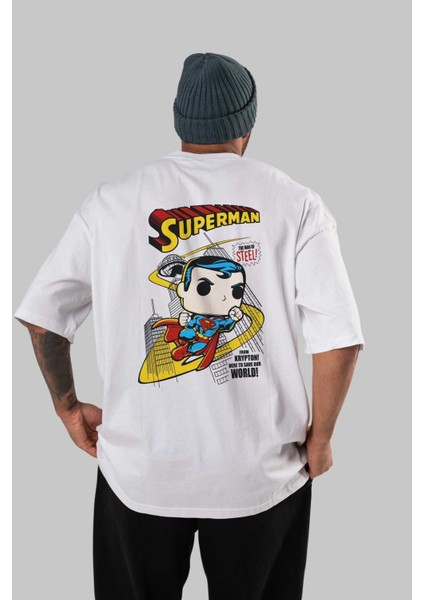 Superman (2) Arka Baskılı Beyaz Oversize T-Shirt Bisiklet Yaka Pamuk Erkek Kadın