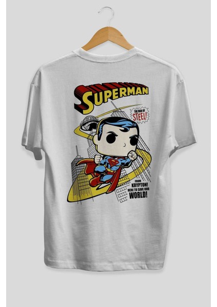 Superman (2) Arka Baskılı Beyaz Oversize T-Shirt Bisiklet Yaka Pamuk Erkek Kadın fiyatları