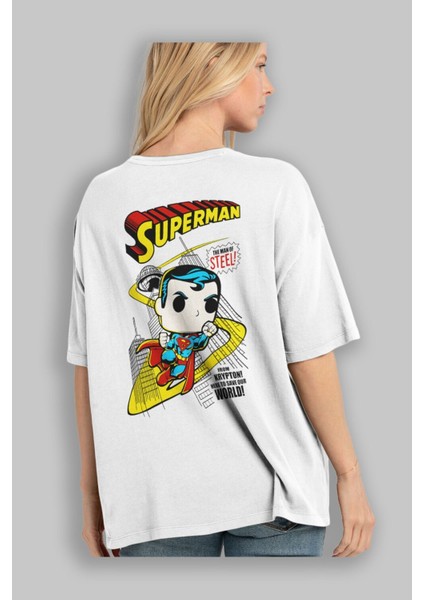 Superman (2) Arka Baskılı Beyaz Oversize T-Shirt Bisiklet Yaka Pamuk Erkek Kadın modelleri