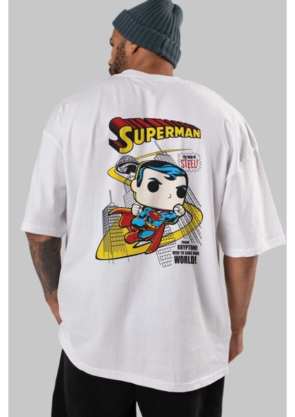 Superman (2) Arka Baskılı Beyaz Oversize T-Shirt Bisiklet Yaka Pamuk Erkek Kadın indirimleri