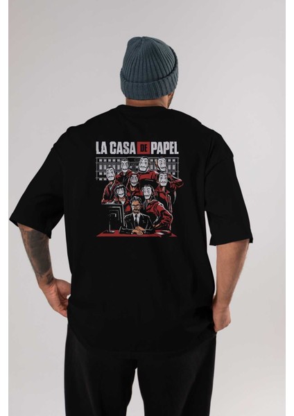 La Casa De Papel (5) Arka Baskılı Siyah Oversize T-Shirt Bisiklet Yaka Pamuk Erkek Kadın