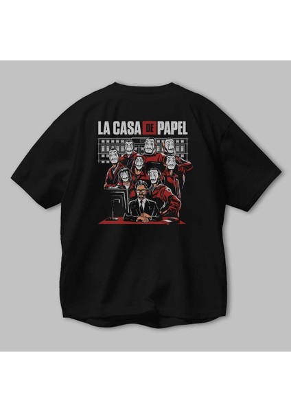 La Casa De Papel (5) Arka Baskılı Siyah Oversize T-Shirt Bisiklet Yaka Pamuk Erkek Kadın modelleri