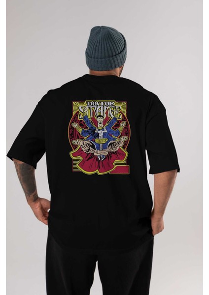 Doctor Strange (1) Arka Baskılı Siyah Oversize T-Shirt Bisiklet Yaka Pamuk Erkek Kadın