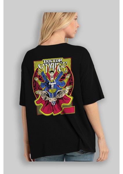 Doctor Strange (1) Arka Baskılı Siyah Oversize T-Shirt Bisiklet Yaka Pamuk Erkek Kadın
