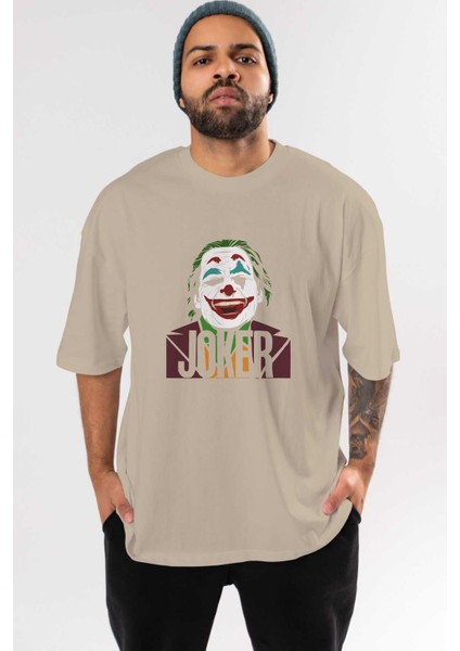 Joker (10) Ön Baskılı Bej Oversize T-Shirt Bisiklet Yaka Pamuk Erkek Kadın