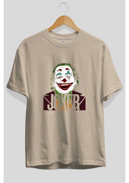 Joker (10) Ön Baskılı Bej Oversize T-Shirt Bisiklet Yaka Pamuk Erkek Kadın
