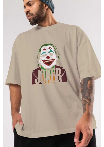 Joker (10) Ön Baskılı Bej Oversize T-Shirt Bisiklet Yaka Pamuk Erkek Kadın