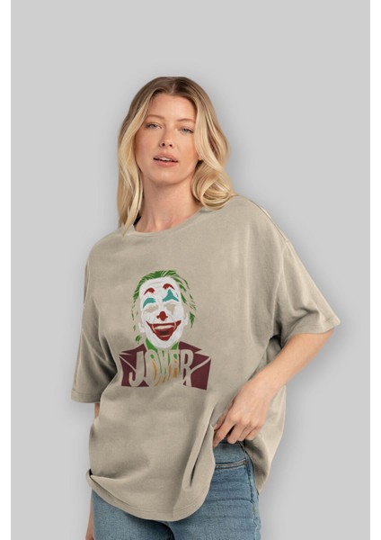 Joker (10) Ön Baskılı Bej Oversize T-Shirt Bisiklet Yaka Pamuk Erkek Kadın