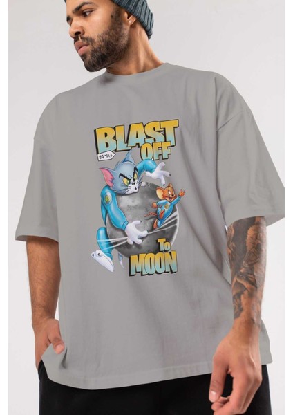 Tom ve Jerry Ön Baskılı Gri Oversize T-Shirt Bisiklet Yaka Pamuk Erkek Kadın modelleri