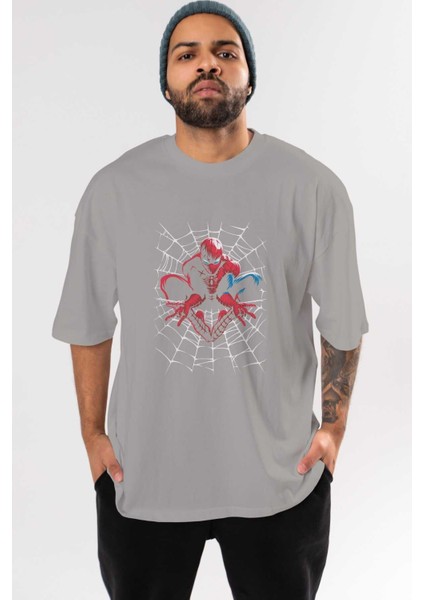 Spiderman (27) Ön Baskılı Gri Oversize T-Shirt Bisiklet Yaka Pamuk Erkek Kadın